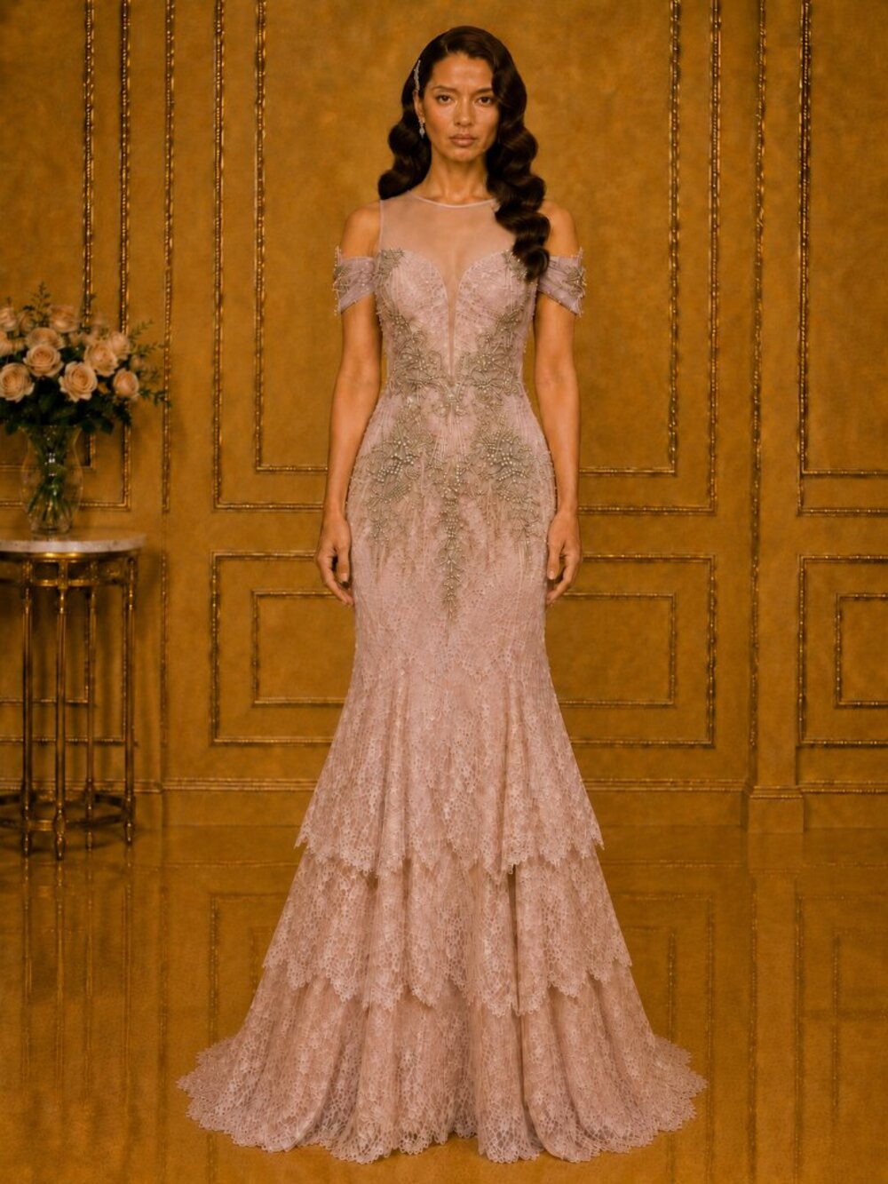 Funda Allure Beaded Lace Sheath Gown Mother of the Groom w/ Train